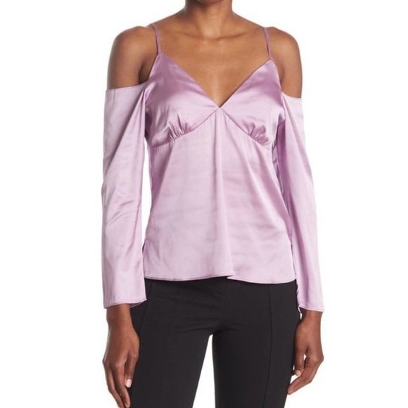 Wayf Tops - WAYF Mauve Lilac Satin Long Sleeve Cold Shoulder V-Neck Top